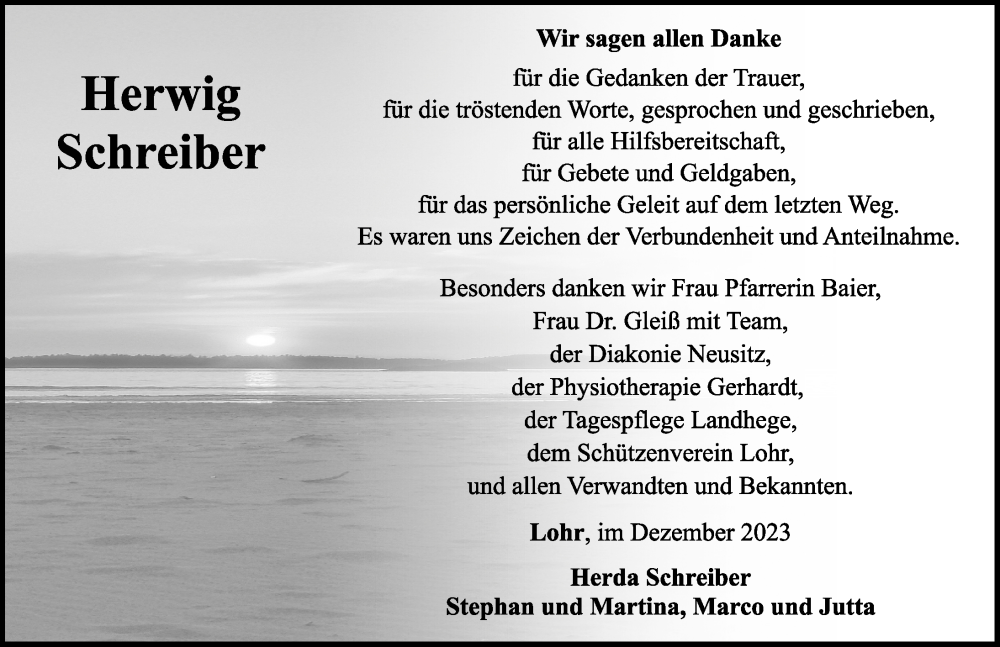  Traueranzeige für Herwig Schreiber vom 23.12.2023 aus Rothenburg