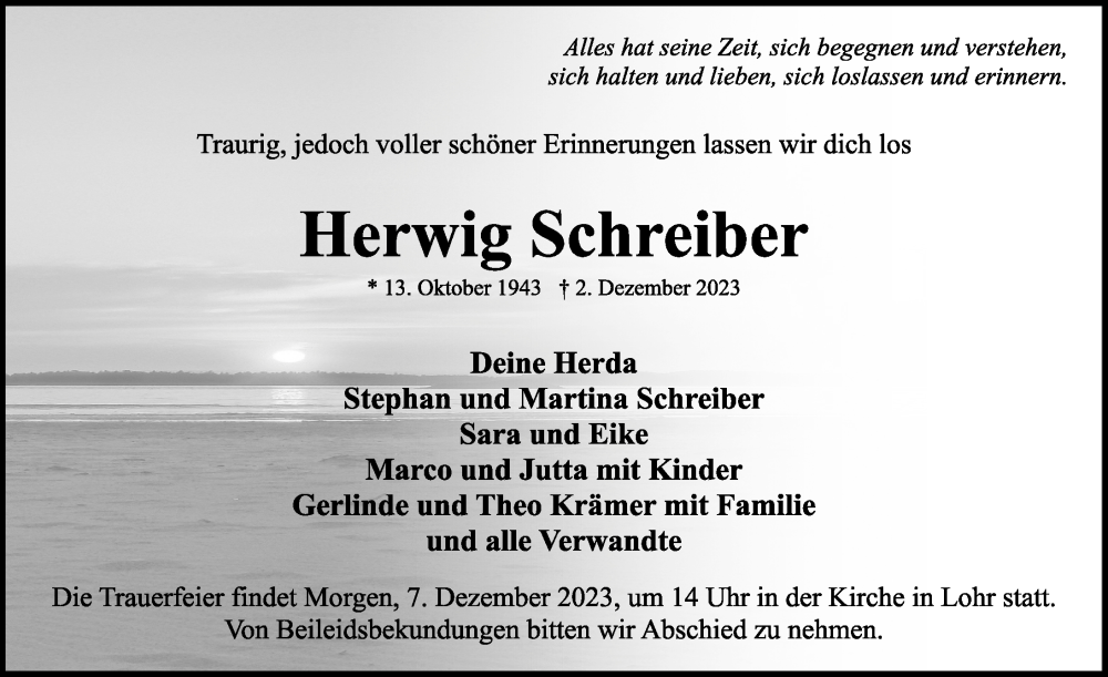  Traueranzeige für Herwig Schreiber vom 06.12.2023 aus Rothenburg