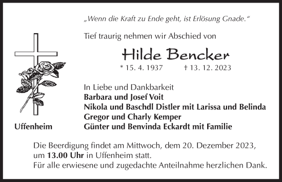 Traueranzeige von Hilde Bencker von Neustadt/ Scheinfeld/ Uffenheim