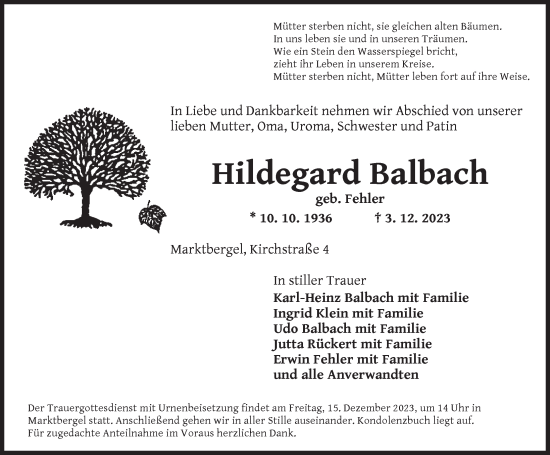 Traueranzeige von Hildegard Balbach von Neustadt/ Scheinfeld/ Uffenheim