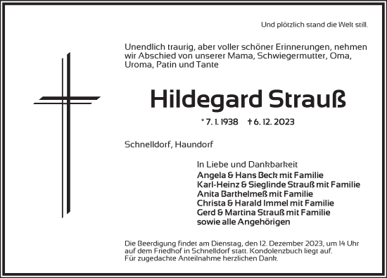 Traueranzeige von Hildegard Strauß von Dinkelsbühl/ Feuchtwangen