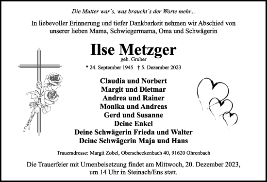 Traueranzeige von Ilse Metzger von Rothenburg