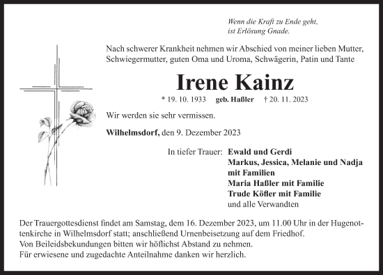 Traueranzeige von Irene Kainz von Neustadt/ Scheinfeld/ Uffenheim