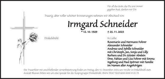 Traueranzeige von Irmgard Schneider von Dinkelsbühl/ Feuchtwangen