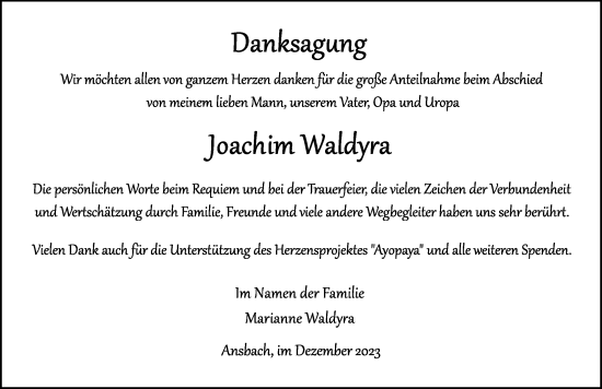 Traueranzeige von Joachim Waldyra von Ansbach