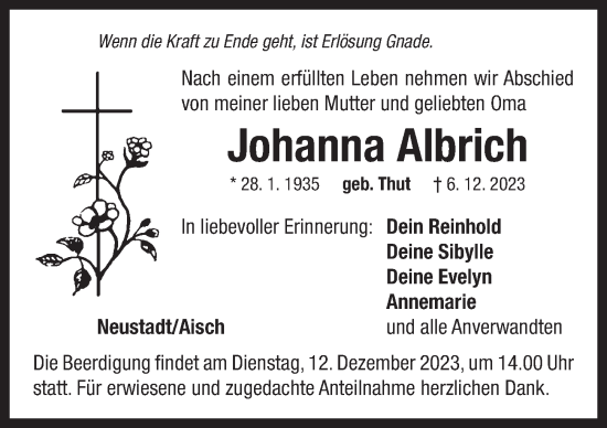 Traueranzeige von Johanna Albrich von Neustadt/ Scheinfeld/ Uffenheim