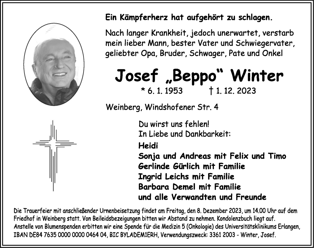  Traueranzeige für Josef Winter vom 06.12.2023 aus Ansbach/ Dinkelsbühl/ Feuchtwangen