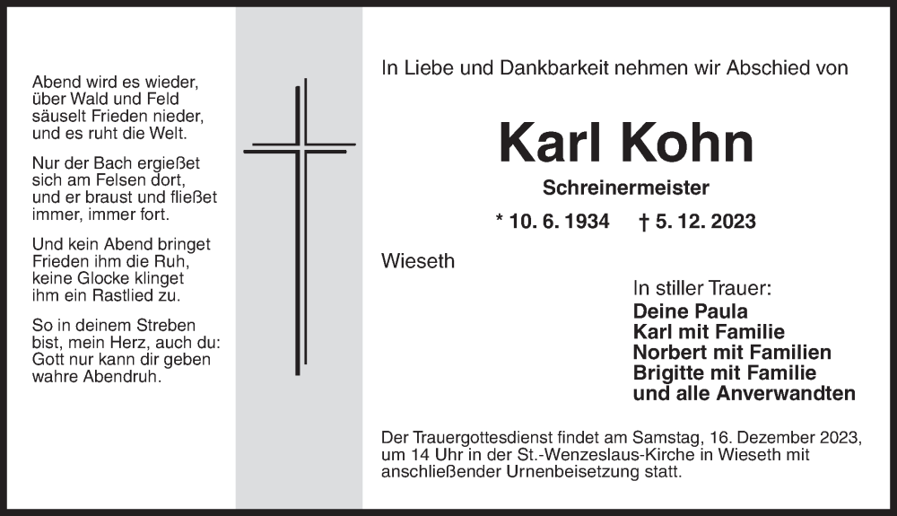  Traueranzeige für Karl Kohn vom 14.12.2023 aus Dinkelsbühl/ Feuchtwangen