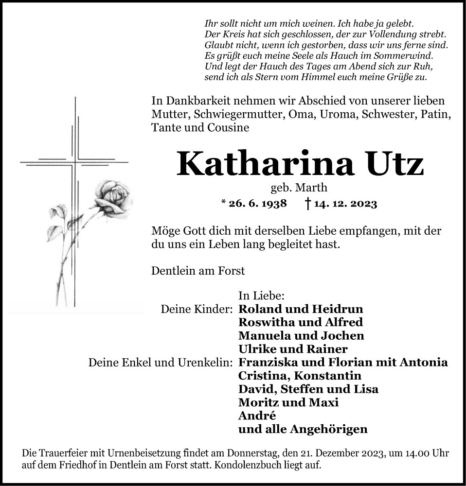  Traueranzeige für Katharina Utz vom 19.12.2023 aus Dinkelsbühl/ Feuchtwangen