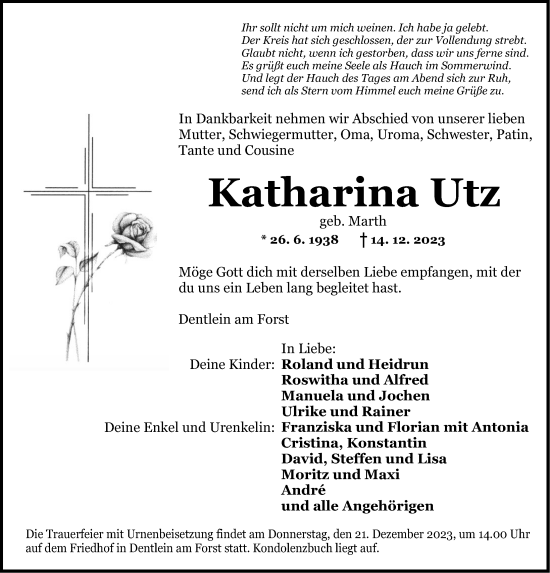 Traueranzeige von Katharina Utz von Dinkelsbühl/ Feuchtwangen