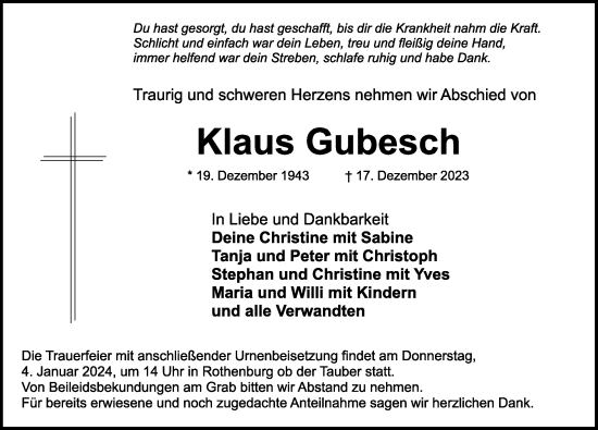 Traueranzeige von Klaus Gubesch von Rothenburg