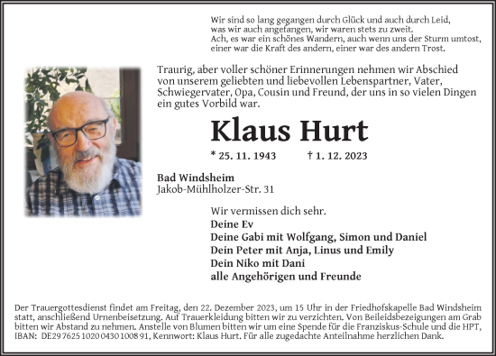 Traueranzeige von Klaus Hurt von Neustadt/ Scheinfeld/ Uffenheim