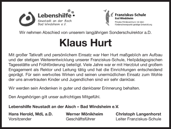 Traueranzeige von Klaus Hurt von Neustadt/ Scheinfeld/ Uffenheim