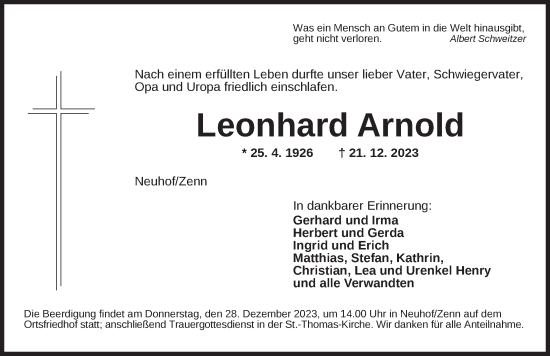 Traueranzeige von Leonhard Arnold von Neustadt/ Scheinfeld/ Uffenheim