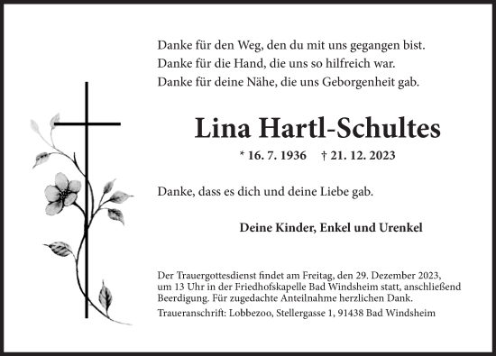 Traueranzeige von Lina Hartl-Schultes von Neustadt/ Scheinfeld/ Uffenheim