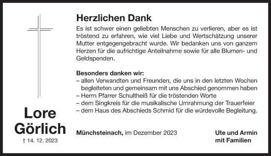 Traueranzeige von Lore Görlich von Neustadt/ Scheinfeld/ Uffenheim