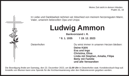 Traueranzeige von Ludwig Ammon von Ansbach