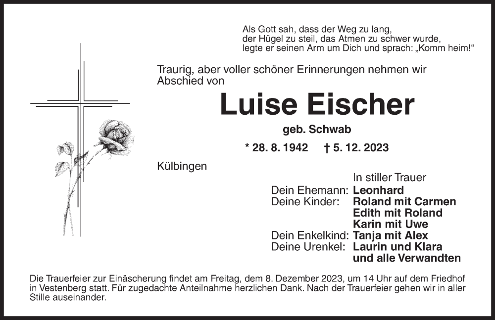  Traueranzeige für Luise Eischer vom 07.12.2023 aus Ansbach