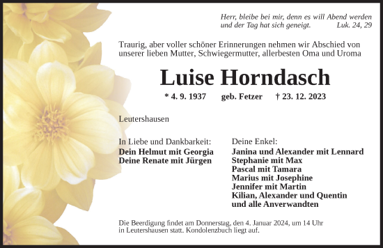 Traueranzeige von Luise Horndasch von Ansbach