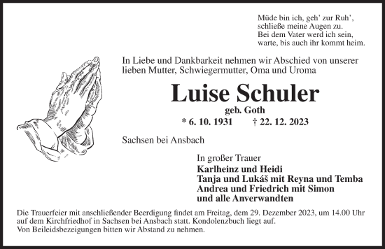 Traueranzeige von Luise Schuler von Ansbach