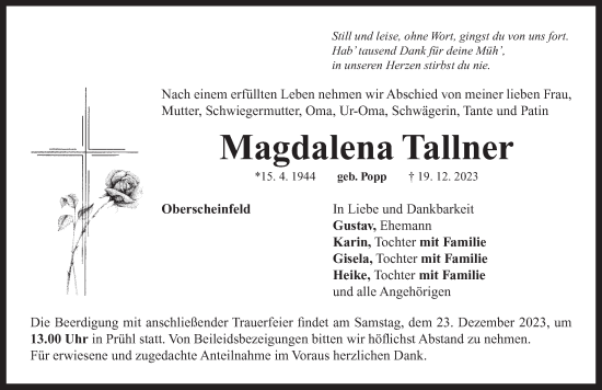 Traueranzeige von Magdalena Tallner von Neustadt/ Scheinfeld/ Uffenheim