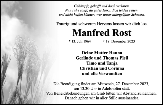 Traueranzeige von Manfred Rost von Rothenburg