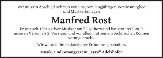 Traueranzeige von Manfred Rost von Rothenburg