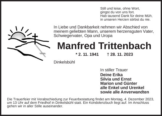 Traueranzeige von Manfred Trittenbach von Dinkelsbühl/ Feuchtwangen