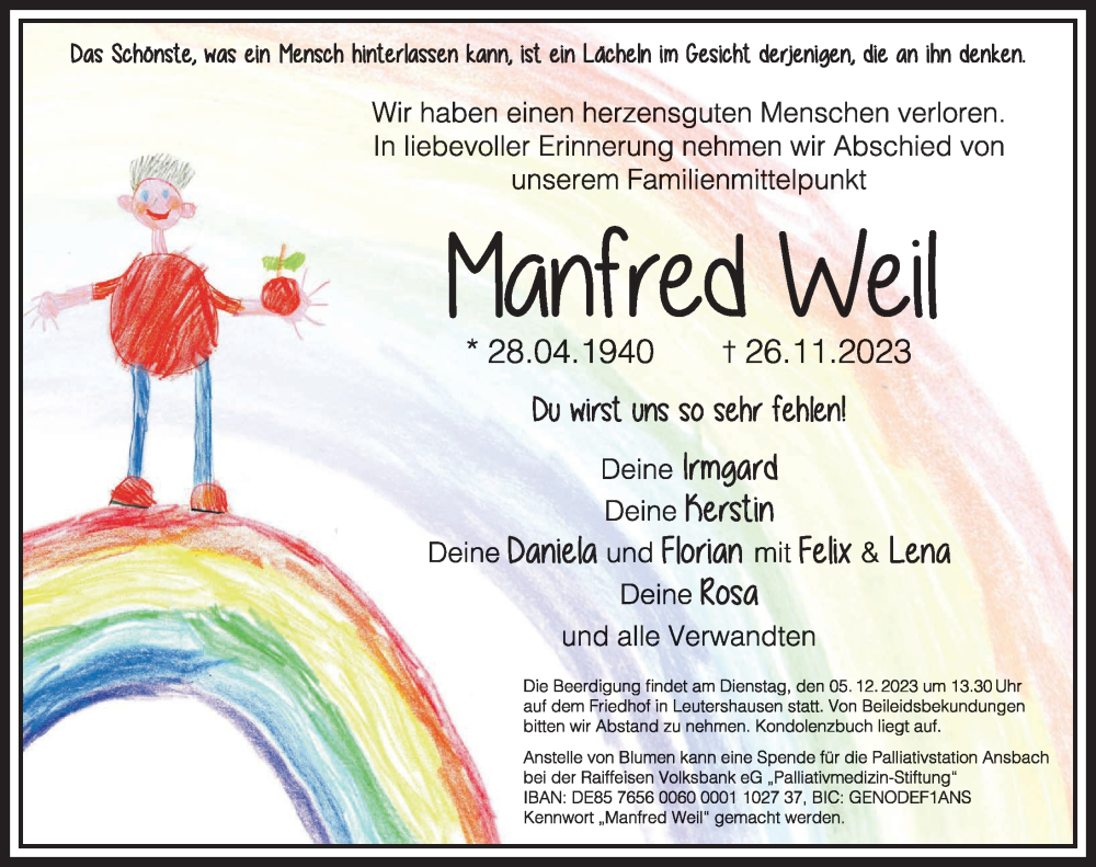  Traueranzeige für Manfred Weil vom 02.12.2023 aus Ansbach