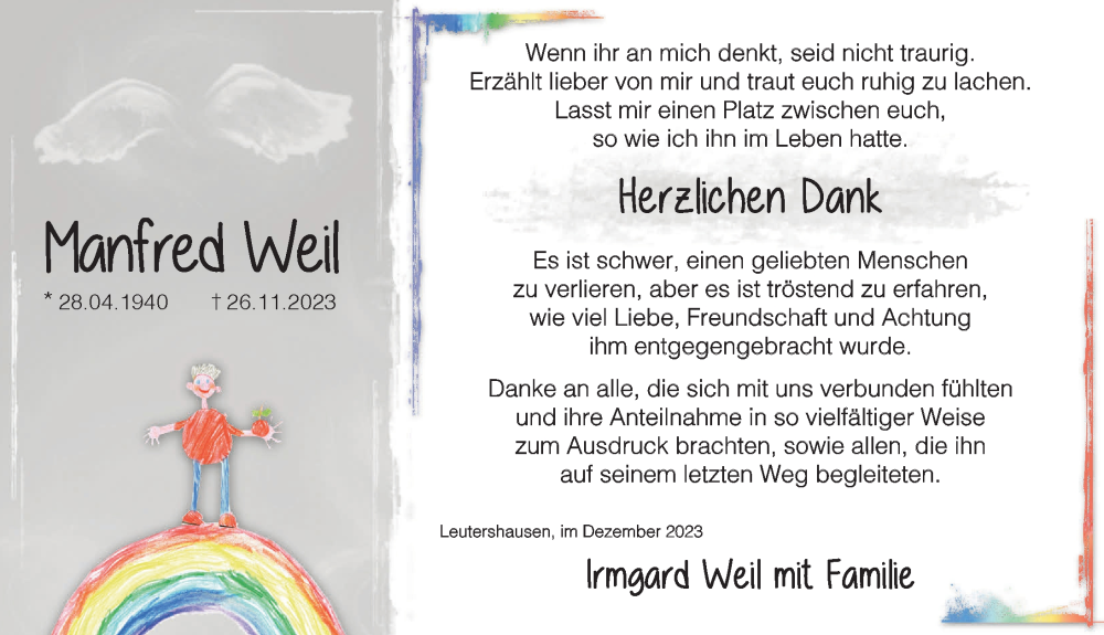  Traueranzeige für Manfred Weil vom 23.12.2023 aus Ansbach