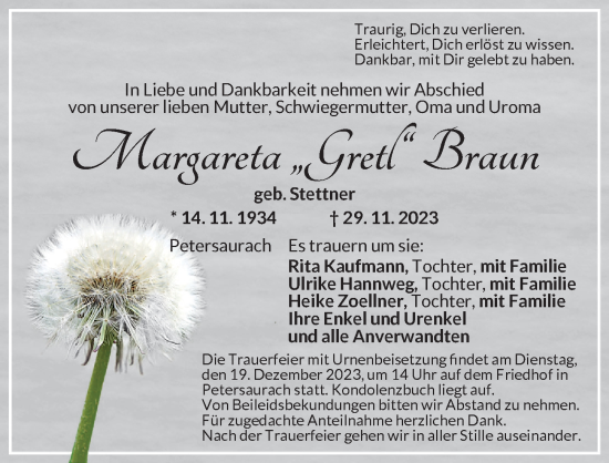 Traueranzeige von Margareta Braun von Ansbach