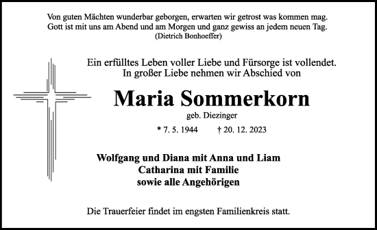 Traueranzeige von Maria Sommerkorn von Rothenburg