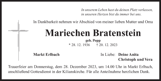 Traueranzeige von Mariechen Bratenstein von Neustadt/ Scheinfeld/ Uffenheim