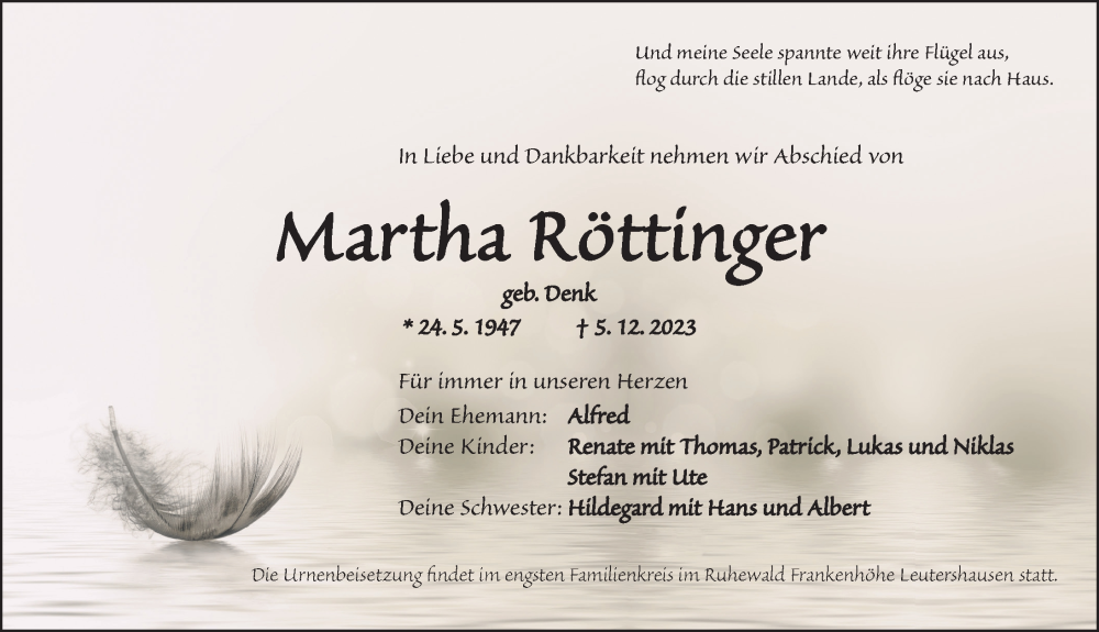  Traueranzeige für Martha Röttinger vom 15.12.2023 aus Dinkelsbühl/ Feuchtwangen