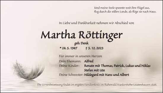 Traueranzeige von Martha Röttinger von Dinkelsbühl/ Feuchtwangen