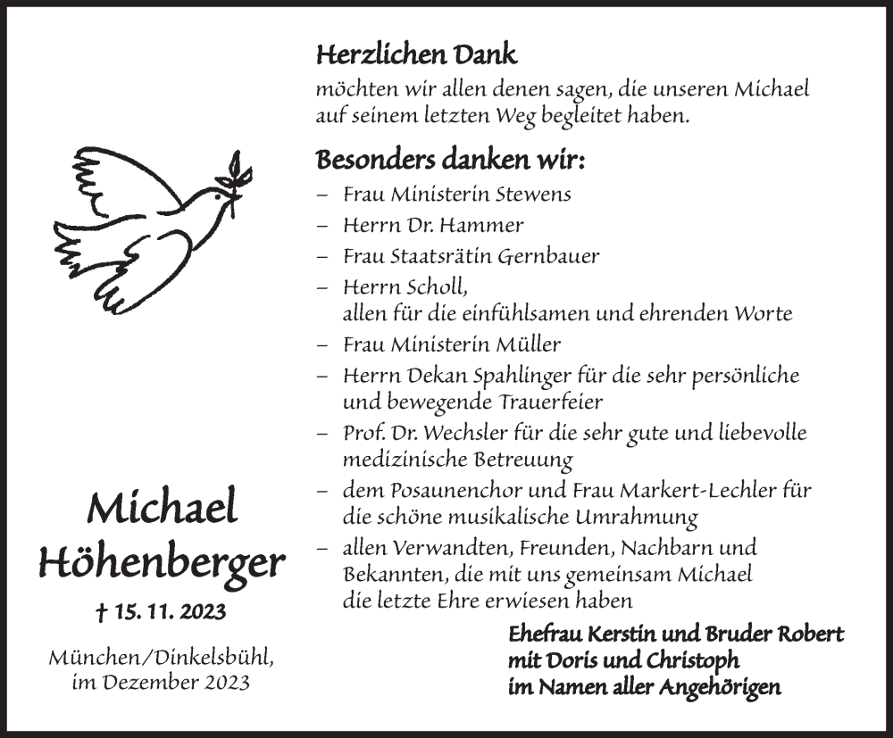  Traueranzeige für Michael Höhenberger vom 16.12.2023 aus GE