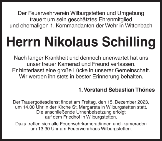 Traueranzeige von Nikolaus Schilling von Dinkelsbühl/ Feuchtwangen