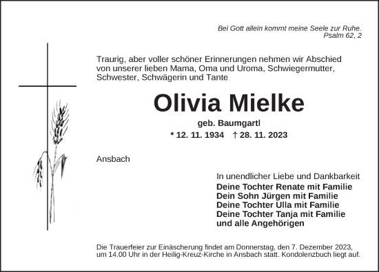 Traueranzeige von Olivia Mielke von Ansbach