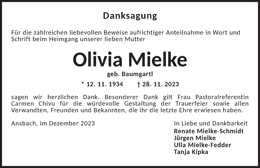  Traueranzeige für Olivia Mielke vom 30.12.2023 aus Ansbach