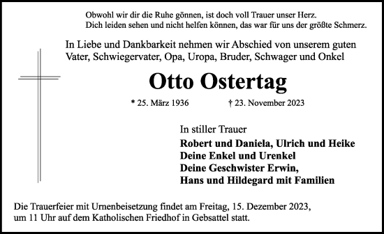 Traueranzeige von Otto Ostertag von Rothenburg