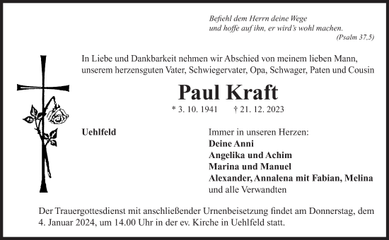 Traueranzeige von Paul Kraft von Neustadt/ Scheinfeld/ Uffenheim