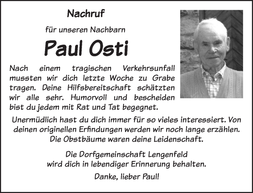  Traueranzeige für Paul Osti vom 12.12.2023 aus Ansbach