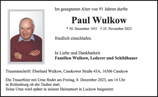 Traueranzeige von Paul Wulkow von Rothenburg