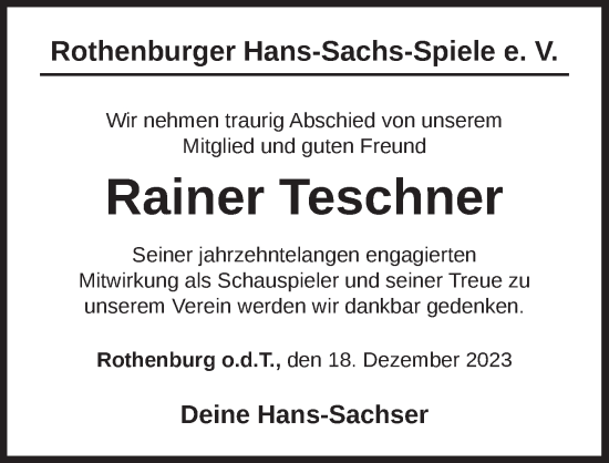 Traueranzeige von Rainer Teschner von Rothenburg