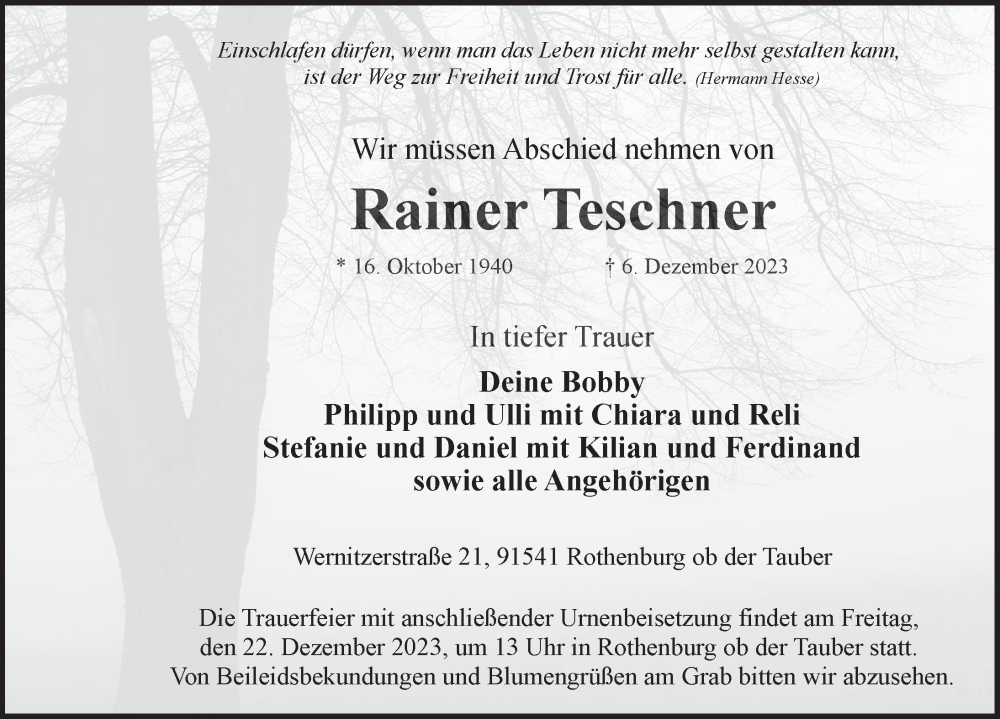  Traueranzeige für Rainer Teschner vom 16.12.2023 aus Rothenburg