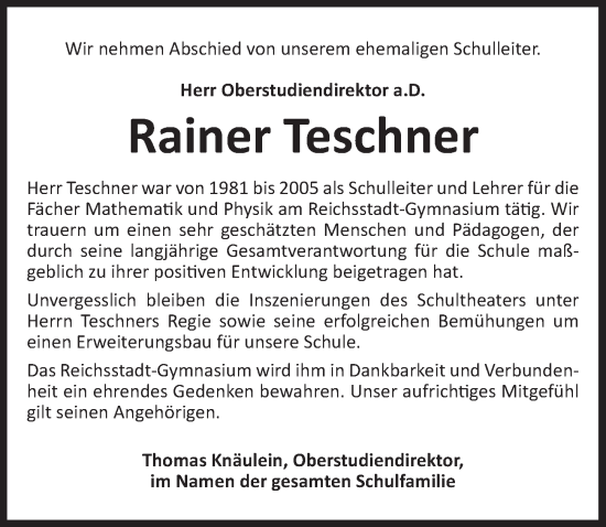 Traueranzeige von Rainer Teschner von Rothenburg