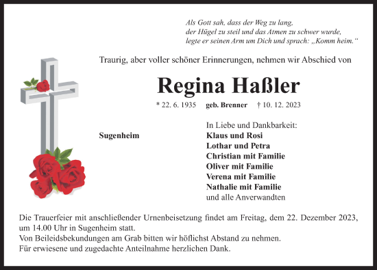 Traueranzeige von Regina Haßler von Neustadt/ Scheinfeld/ Uffenheim