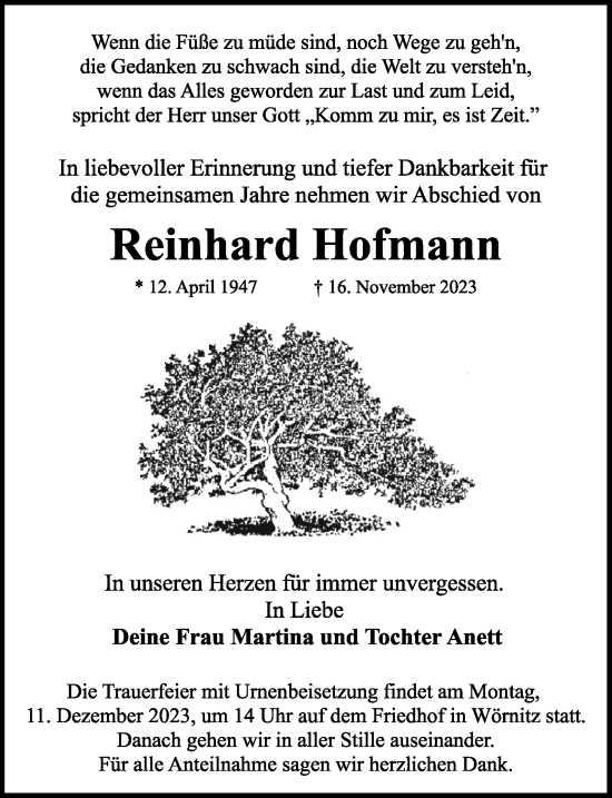 Traueranzeige von Reinhard Hofmann von Rothenburg