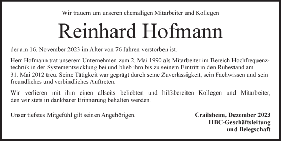 Traueranzeige von Reinhard Hofmann von Rothenburg