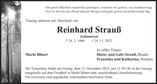 Traueranzeige von Reinhard Strauß von Neustadt/ Scheinfeld/ Uffenheim